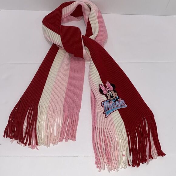 Disney Girls Minnie Mouse Embroidered Stripped Red And Pink Scarf With Fringe - Picture 3 of 6